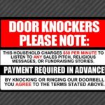 No Soliciting sign Decal Sticker $50 per minute Door Knockers Funny window 6″