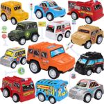 Toy Cars With Road Signs,12 Pieces Pull Back Unique Vehicles Play Set,Mini Cars Including Racing/Emergency/Fire Engine/School Bus/Police/Off Road Cars for Kids Toddlers Over 3 Years