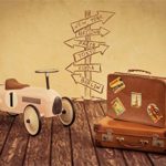 Laeacco 10x7ft Vintage Suitcases Mini Toy Car Signpost Drawing Grunge Wooden Floor Vinyl Photography Background Retro Nostalgia Style Backdrop Child Kids Baby Artistic Portrait Shoot Wallpaper
