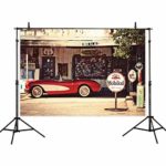 Allenjoy 7x5ft Vintage Route Backdrop for Product Display Comic Retro Motel Motor Car Truck Poster Portrait Photo Background Signs Filling Station Tire Service Photo Shoot Prop