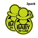 QBUC Baby in Car Sticker ( 2 Packs ), Baby on Board Sticker with Lovely Design 3.4in x 4.9in Baby Car Sticker Reflective Safety Sign Perfect for Bumper, Window in All Weathers