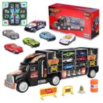 AOKESI Transport Car Carrier Truck Toy Great Gift for Boys Girls Age of 3-10 Year Old (Includes 6 Toy Cars, 2 Construction Signs,7 Road Blocks, 2 Oil Cones, 1 City Map and 1 Dice)