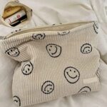 Smiley Face Makeup Bag, Aesthetic Preppy Makeup Bag, Corduroy Cosmetic Bag for Purse, Cute Smile Dots Makeup Pouch with Zipper for Women Toiletry Travel Girls