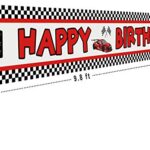 Lager Race Car Happy Birthday Banner, Red Racing Themed Party Supplies Decorations, Let’s Go Racing Checkered Flag, Backdrop Background Table Cover (9.8 x 1.6 feet)