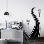 Road Sign Wall Decals Large Road Wall Stickers Vinyl Road Street Wall Decals Black Art Highway Stickers Race Road Track Wall Stickers for Kids Room Car Theme Boys Bedroom Decor