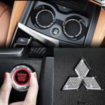 GODTERA Bling Engine Start Stop Button Cover Crystal Car Cup Holder Coaster Compatible with Mitsubishi Car Logo Decal Emblem Sticker Interior Accessories Set(Small-S)