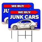 We Buy Junk Cars 2 Pack Yard Signs 16″ x 24″ – Double-Sided Print, with Metal Stakes