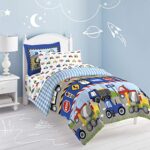 dream FACTORY Trucks Tractors Cars Boys 5-Piece Bedding Comforter Sheet Set, Twin Blue Red Multi