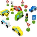 15-Piece Busy City Wooden Street Signs & Work Cars Playset with Slotted Wood Storage Box by Imagination Generation