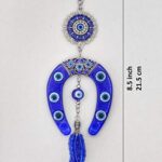 LUCKBOOSTIUM Ornate Blue Horseshoe Pendant with Evil Eye Inlay & Tassel Sign of Happiness Luck Protection Health Car & Home Hanging Accessories for Witchy Decor Bag Aesthetics 2.8”x8.5”